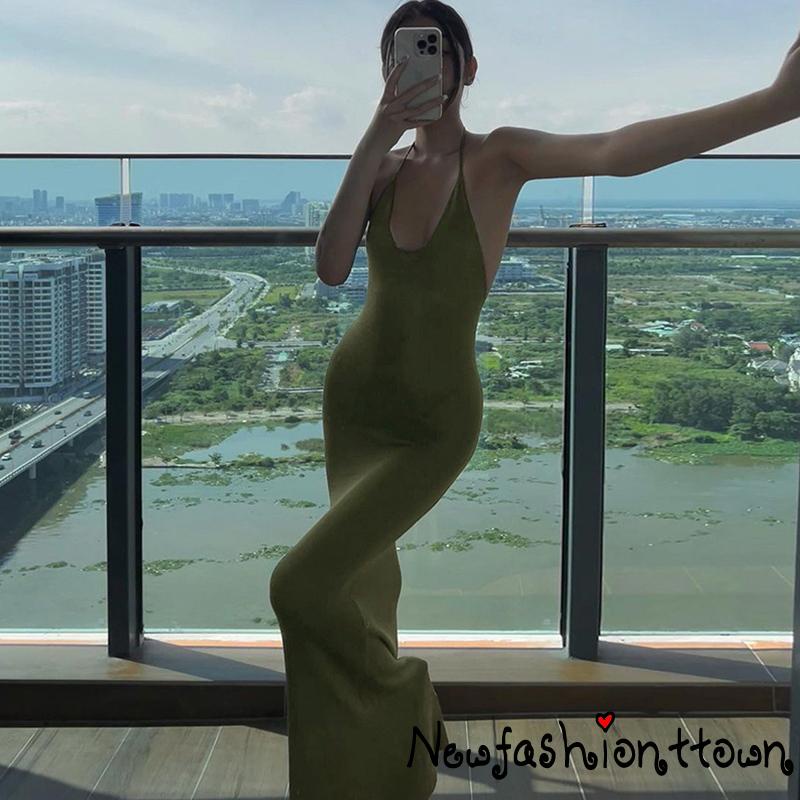 Đầm Sát Nách Dáng Dài Cổ Khoét Sâu Hở Lưng Màu Trơn Thời Trang Dự Tiệc Cho Nữ