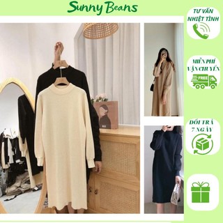 Váy len tay bồng dáng suông cổ lọ thu đông màu đen, be, nâu