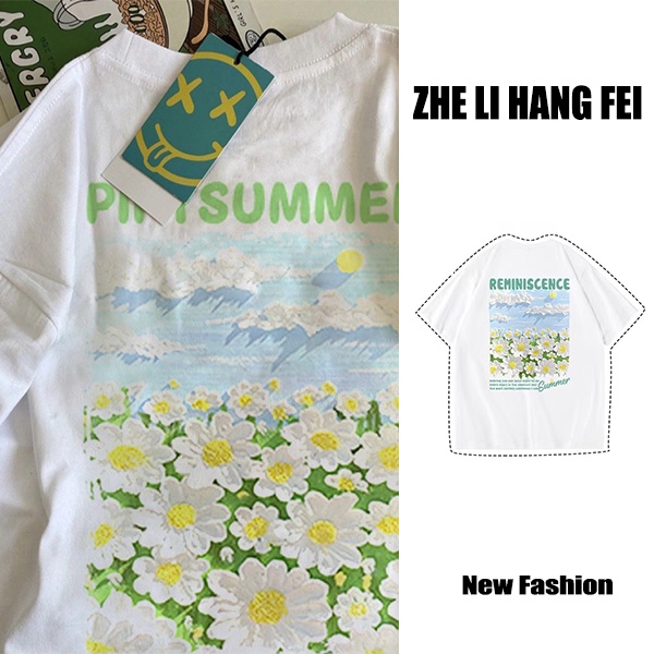 Áo thun ZHELIHANGFEI tay ngắn dáng rộng in họa tiết tranh sơn dầu hoa cúc dễ phối đồ trẻ trung