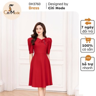 Đầm công sở CITI MODE FASHION thiết kế dáng xoè đỏ tay lỡ đính hoa ngực DH3760