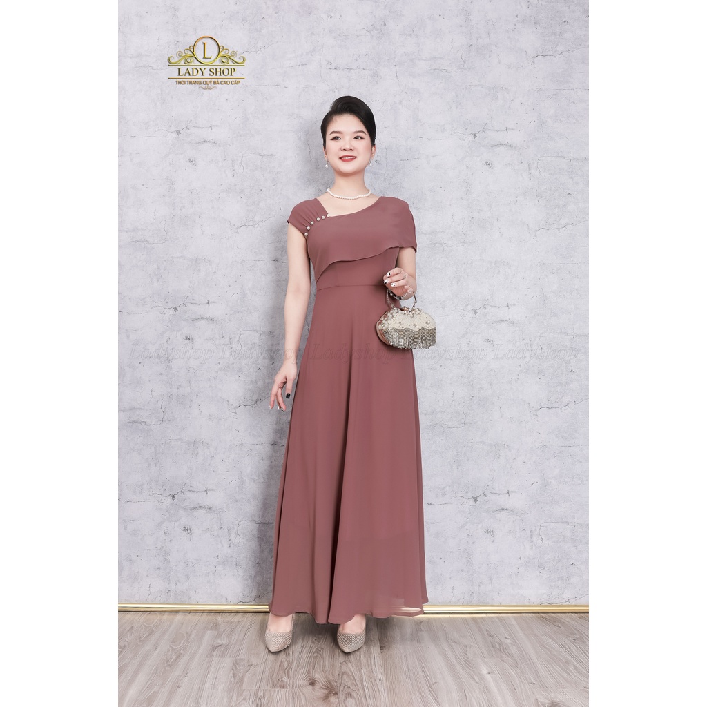 Đầm Maxi dạ hội voan tơ đỏ chéo vai kết trai Ladyshop thời trang trung niên cao cấp T8