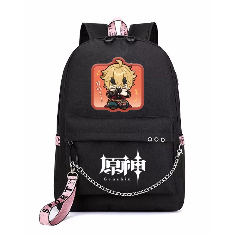 Balo thông minh đen in hình GENSHIN IMPACT ver CHỮ NHẬT CHIBI game anime chibi dễ thương cặp sách đi học