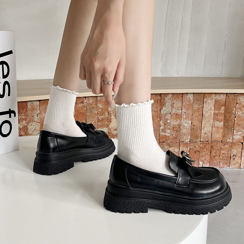 Giày Lười Da Đế Dày Đính Nơ Phong Cách Nhật Bản