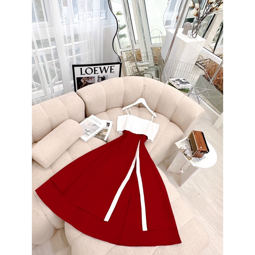 Đầm maxi đỏ 2 dây trễ vai phối xẻ đùi cúp ngực dự tiệc 3 màu đỏ trắng đen