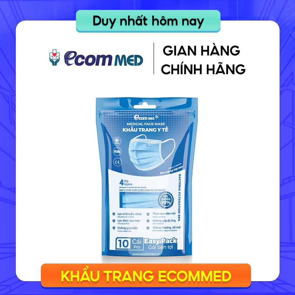 Túi 10 Cái Khẩu Trang Y Tế EcomMed 4 Lớp Kháng Khuẩn 99%
