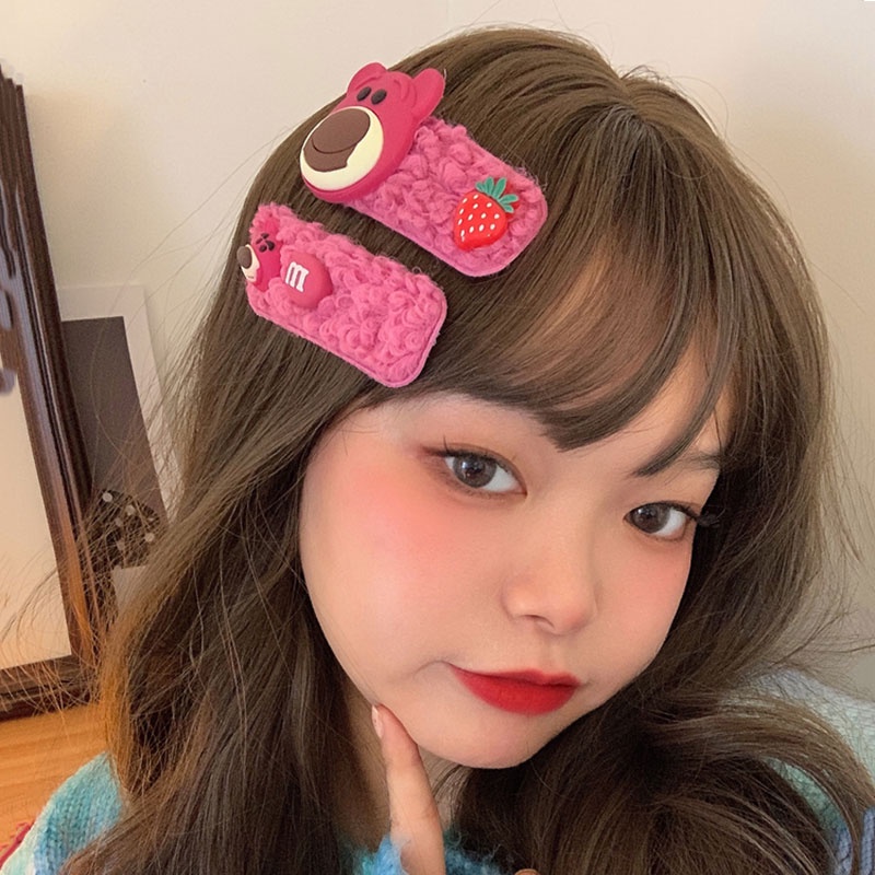 Kẹp Tóc Hình Trái Dâu / Gấu Hoạt Hình Bằng Lông Cừu Dễ Thương Xinh Xắn