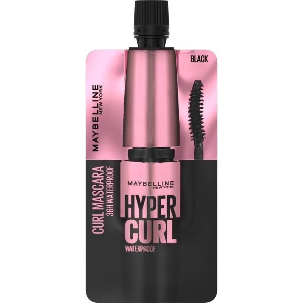 Mascara Maybelline New York Hypercurl Waterproof công thức mới đầu cọ C-Curl 48 tiếng Màu đen 3ml - Dạng gói - Thái Lan