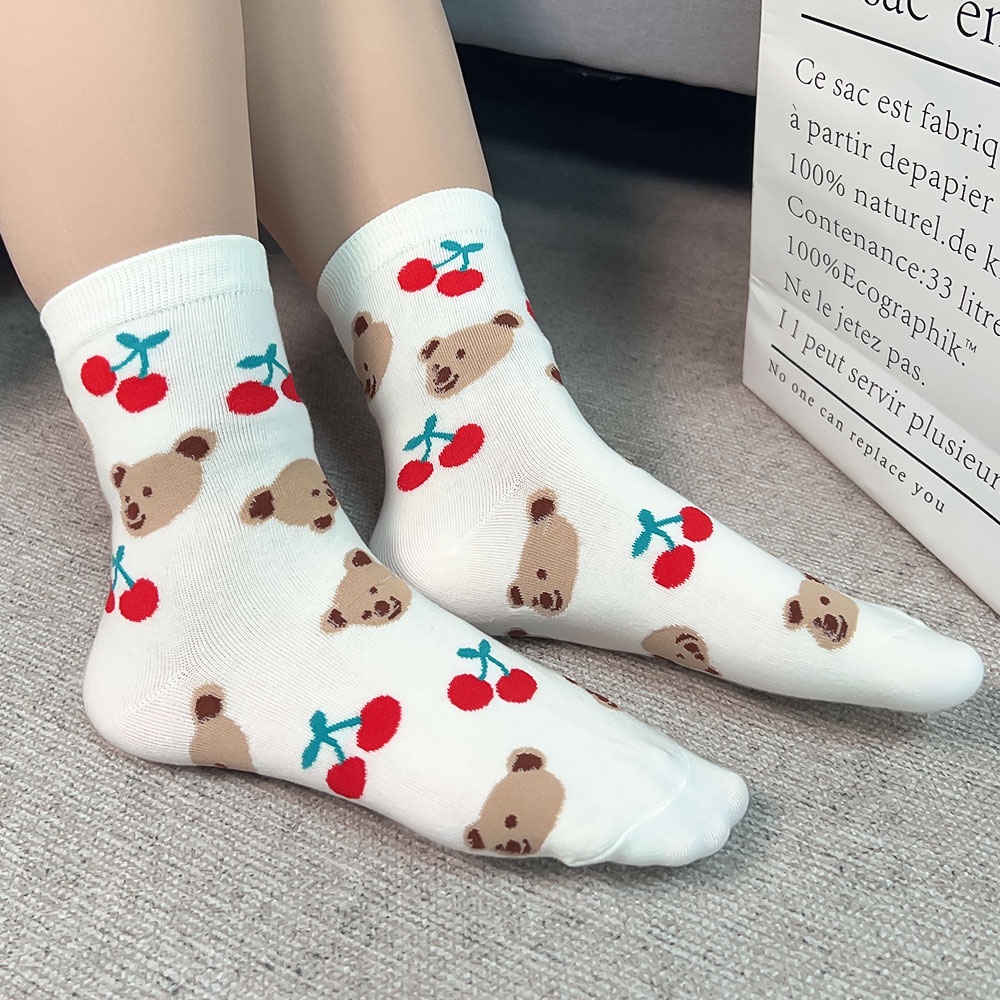 1 Đôi Vớ Cotton Mềm Cổ Vừa Thoáng Khí Thoải Mái In Họa Tiết Trái Cây / Mặt Cười / Gấu Dễ Thương
