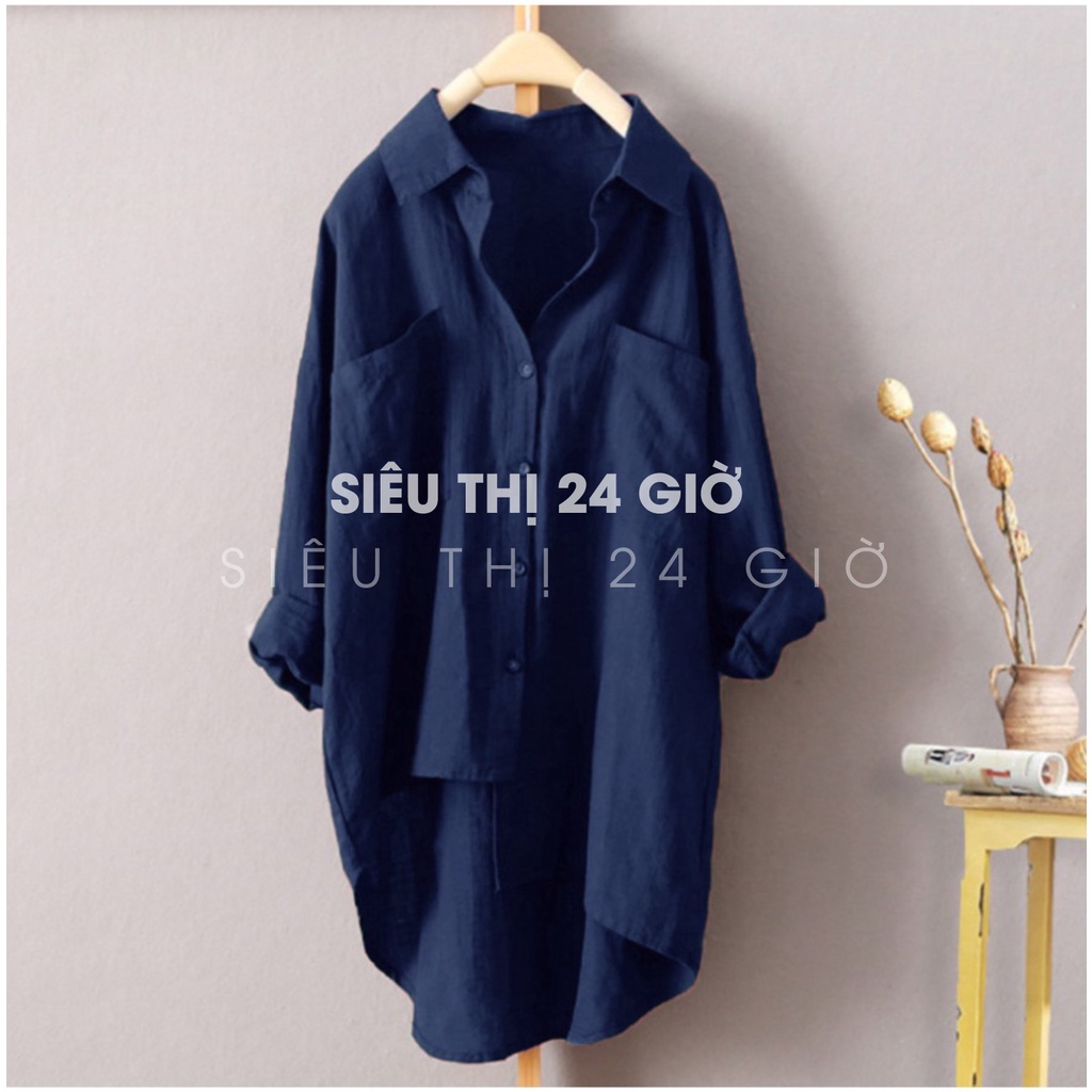 Áo sơ mi nữ bigsize dài tay form rộng kiểu tà lệch trẻ trung Siêu thị 24 giờ chất liệu đũi tơ mềm mát SMH.31
