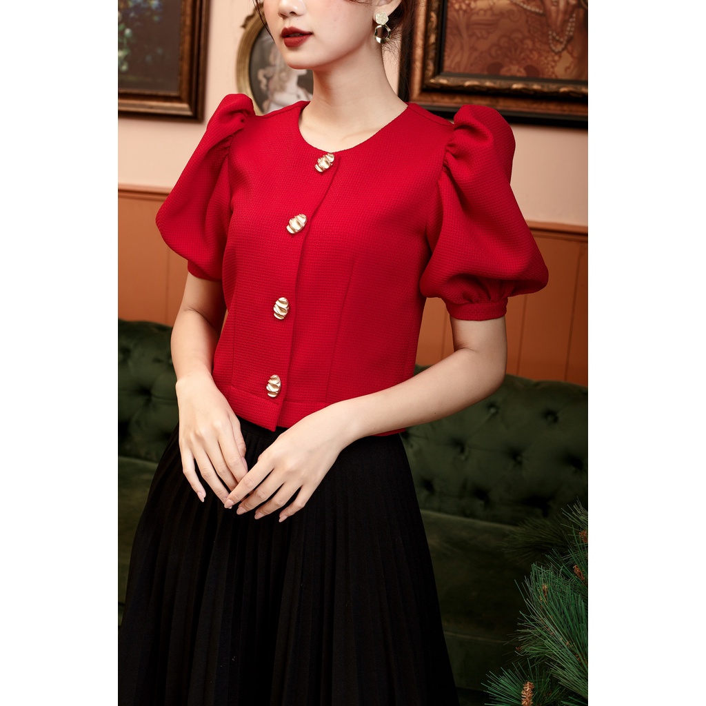 Áo thiết kế CHARMO cổ tròn dáng ngắn vải cotton bố không nhăn Basic Button Top