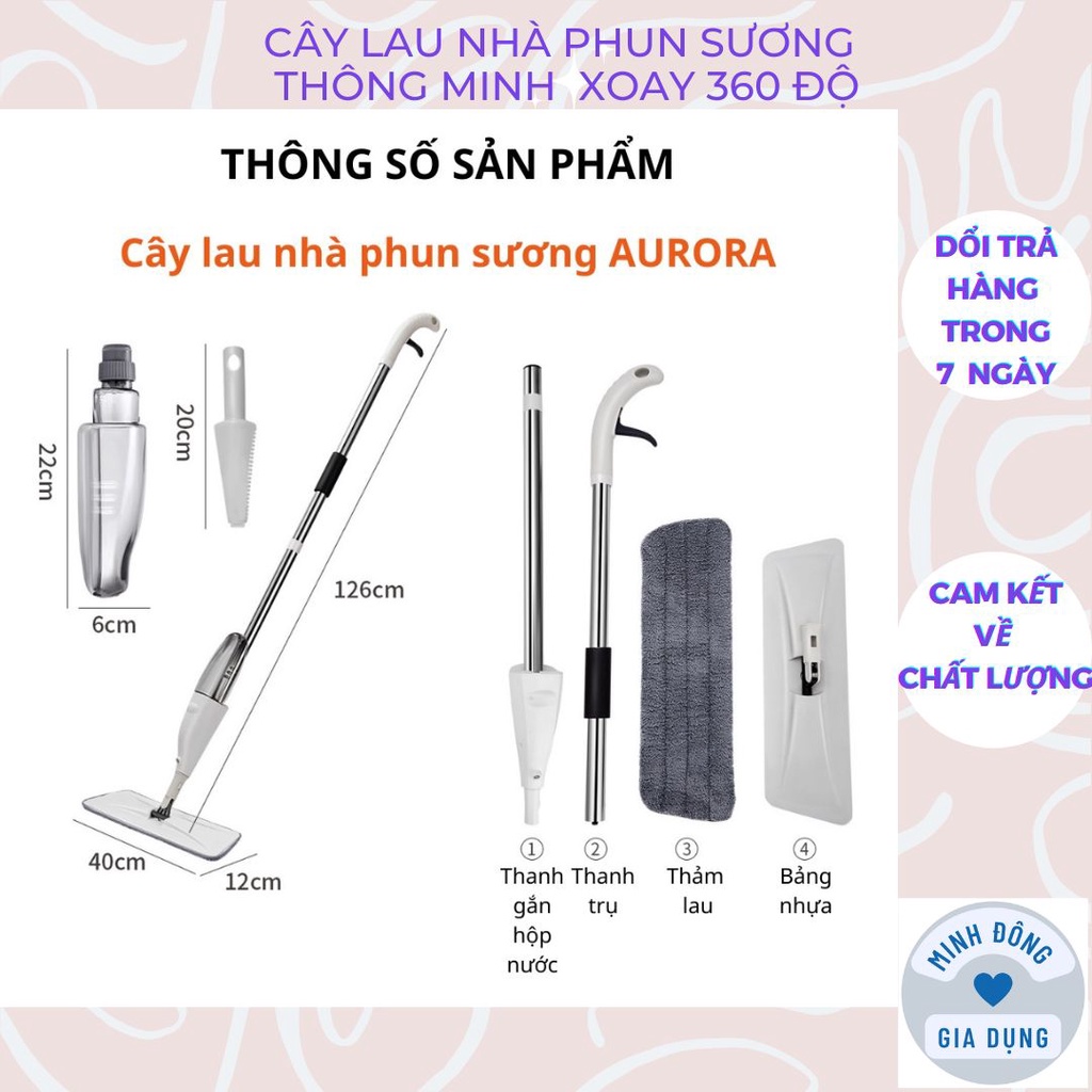 Cây lau nhà phun sương thông minh, chổi lau nhà đa năng xoay 360 độ tiện lợi