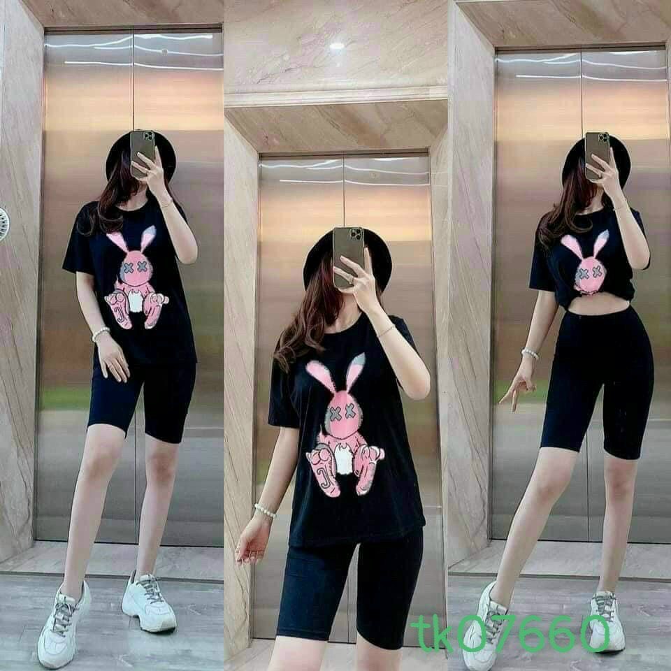 Set đồ bộ , áo tay ngắn logo in thỏ kèm quần thun bó sát , thích hợp mặc nhà , mặc đi chơi