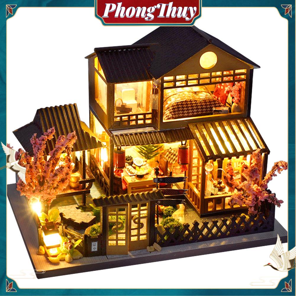 Mô hình ngôi nhà búp bê tự lắp ráp với nội thất mini có đèn DIY thú vị Chất liệu vải gỗ trang trí