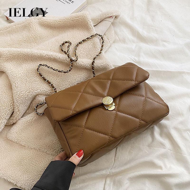 IELGY Túi Đeo Chéo Hình Vuông Nhỏ Màu Nâu Đính Kim Cương Giả Dễ Phối Đồ Thời Trang Cho Nữ