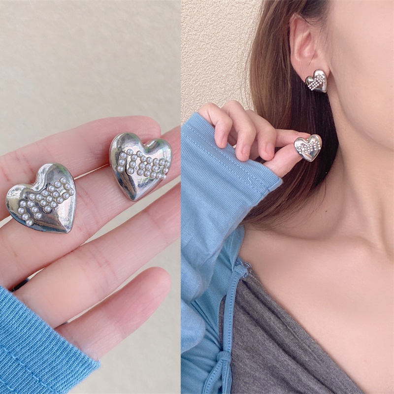 Bông Tai Bạc Hình Trái Tim Đính Ngọc Trai Đơn Giản Thời Trang Cho Nữ