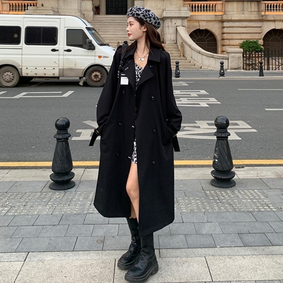 [Giao Ngay] Plus Size Áo Khoác Gió Dáng Dài Màu Đen Phong Cách Anh Quốc Thời Trang Thu Đông Cho Nữ Tối Đa 200kg