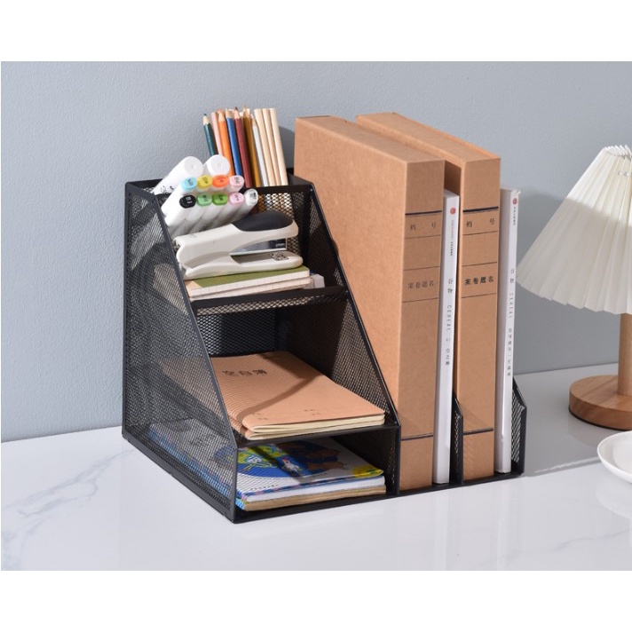 Kệ hồ sơ tài liệu đa năng kim loại để bàn thông minh có ngăn để bút, thước, đồ dùng học tập, văn phòng phẩm tiện ích
