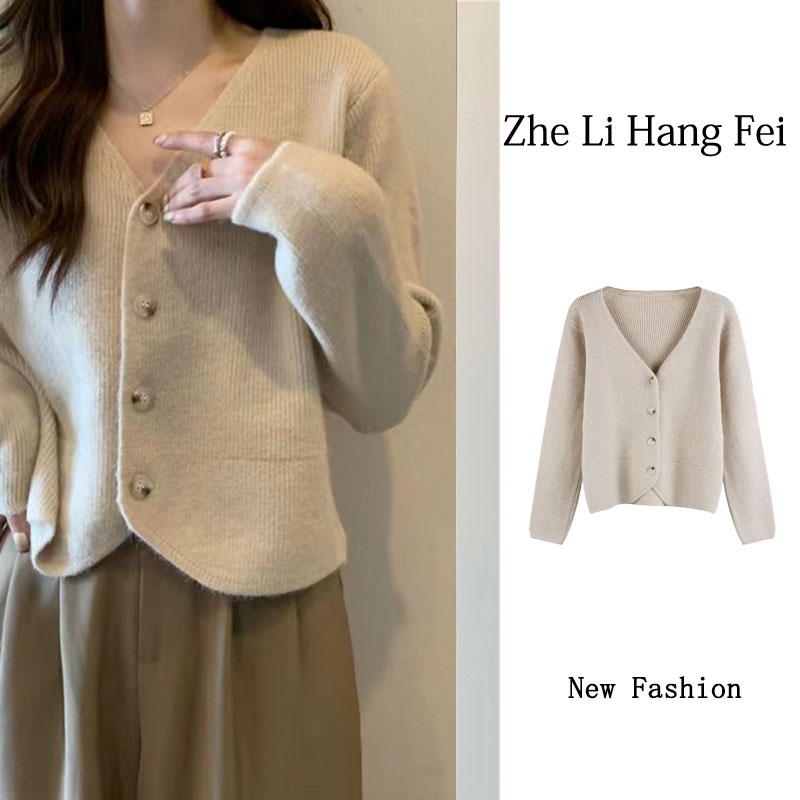 ZHELIHANGFEI Áo Khoác Len Cardigan Tay Dài Cổ Chữ V Thời Trang Cho Nữ