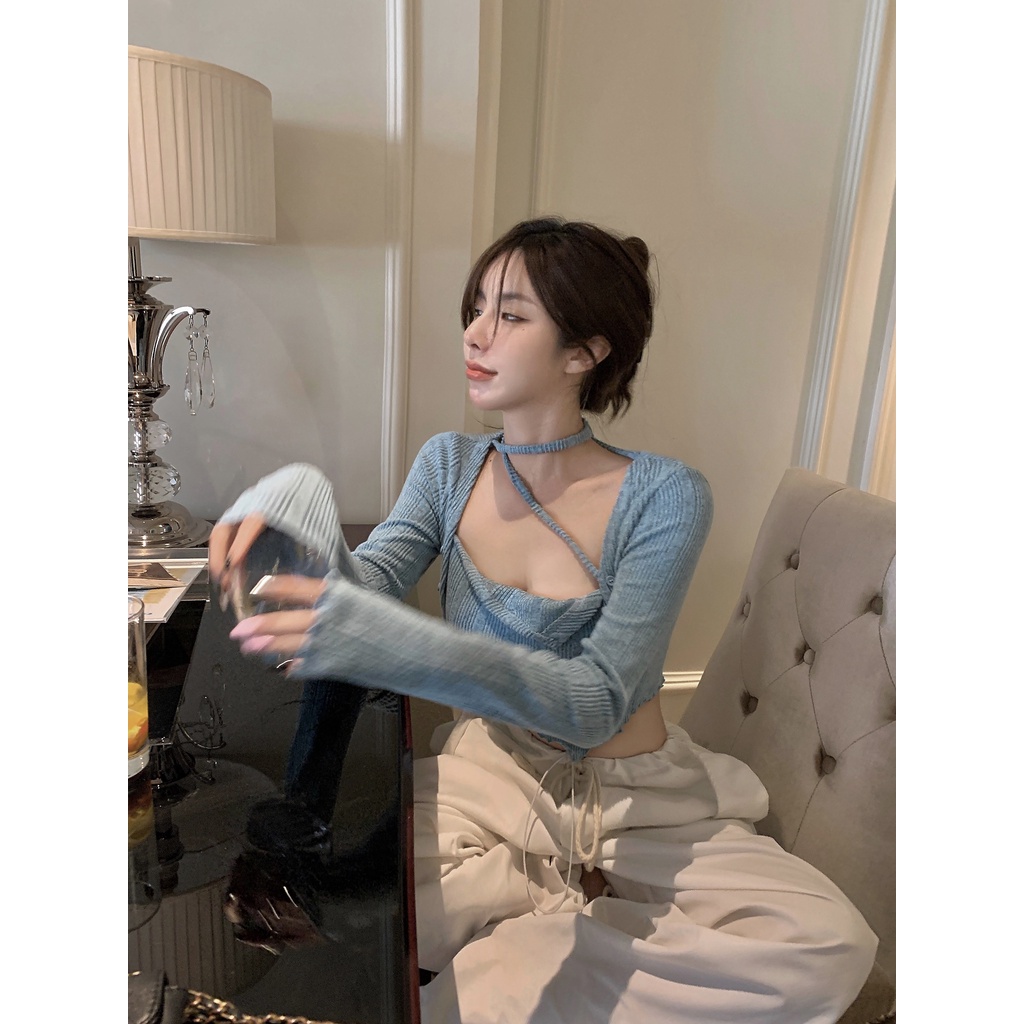 Áo lửng ZHELIHANGFEI dệt kim dài tay cổ vuông thời trang quyến rũ dành cho nữ