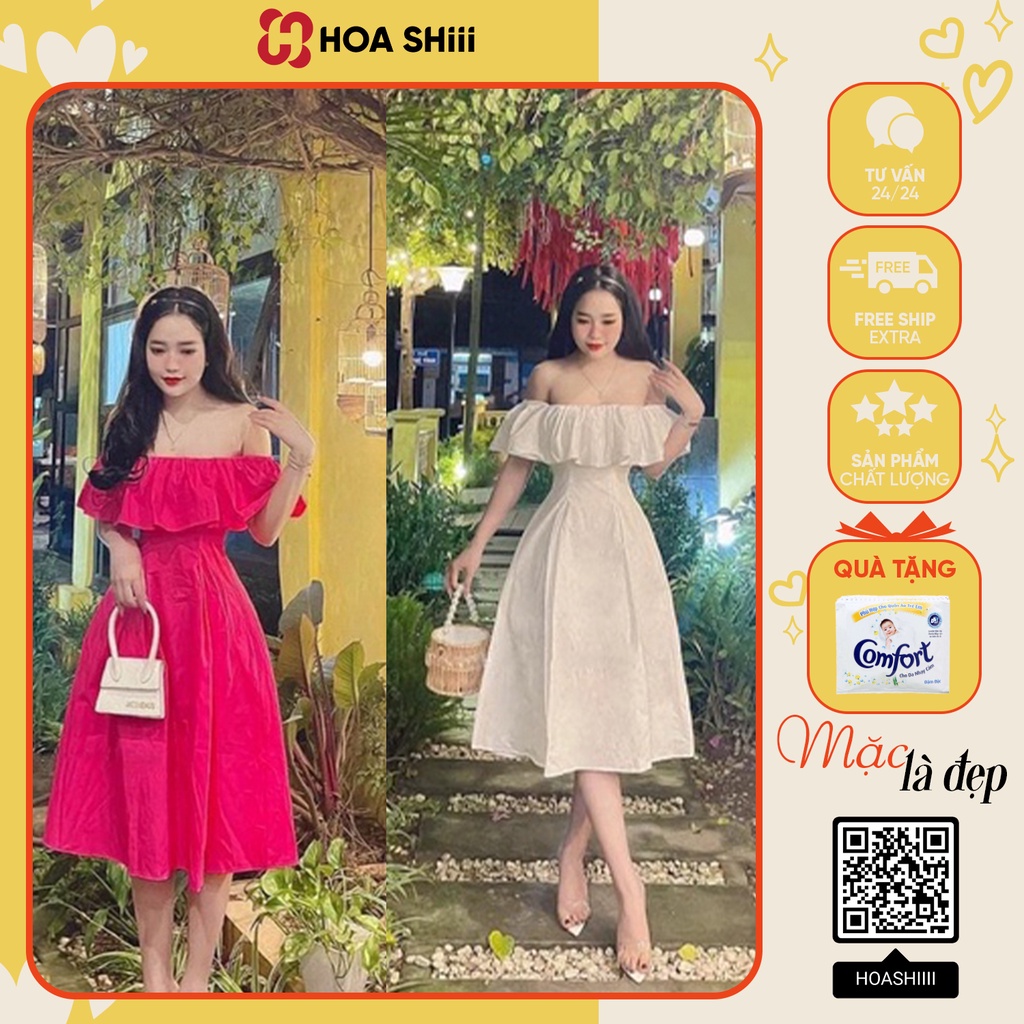 ĐẦM TRỄ VAI PHONG CÁCH TIỂU THƯ DÁNG XÒE MÀU XANH HỒNG TRẮNG SIÊU XINH SẴN