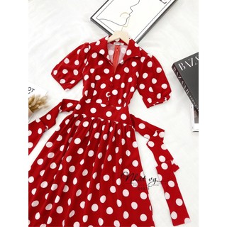Đầm Nữ NHẬT VY Chấm Bi Cúc Bọc Chít Eo Công Sở Chất  Lụa Bi - D1871