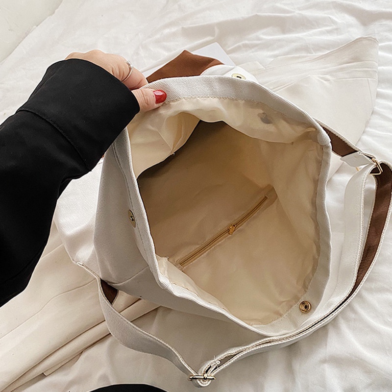 Túi Đeo Vai Bằng Vải canvas Màu Khối Sức Chứa Lớn Phong Cách Hong Kong Dành Cho Nữ
