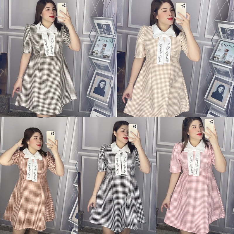 Đầm caro cổ sen thắt nơ Bigsize 60-95kg