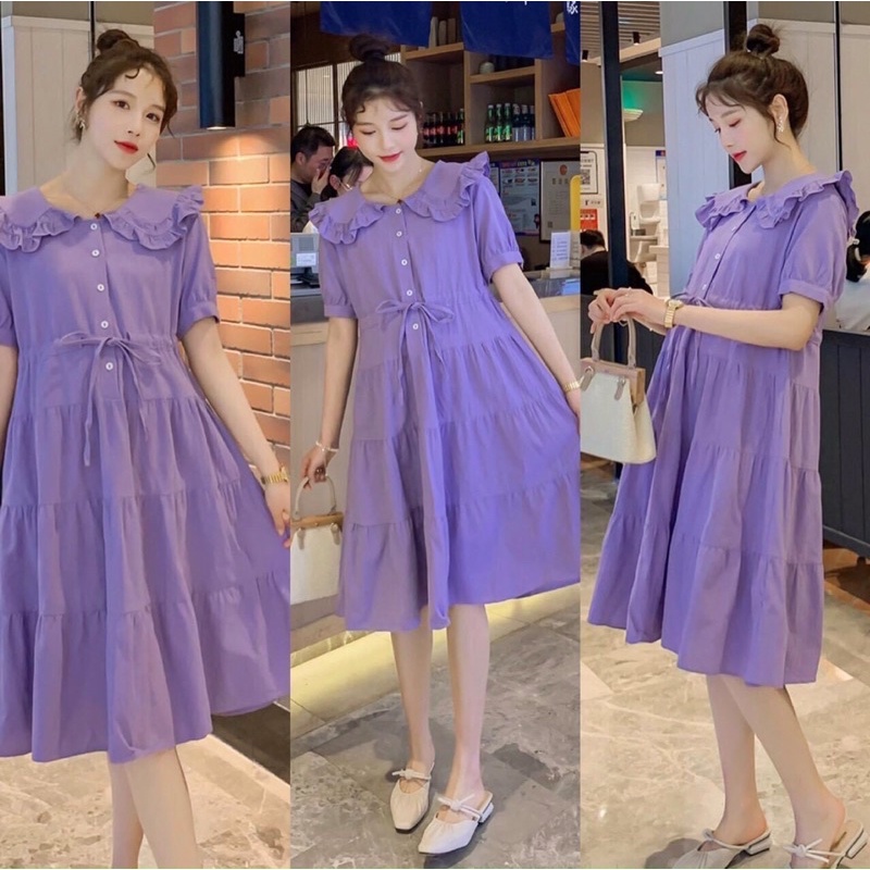Váy bầu công sở mùa hè màu tím cổ bèo xoè xinh xắn gắn cúc dáng suông.