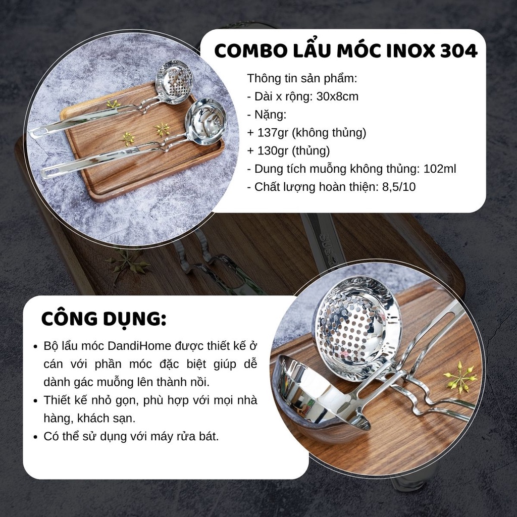 Bộ 2 muỗng lẩu inox 304 DandiHome 2020 có móc treo thông minh, tiện lợi, cao cấp