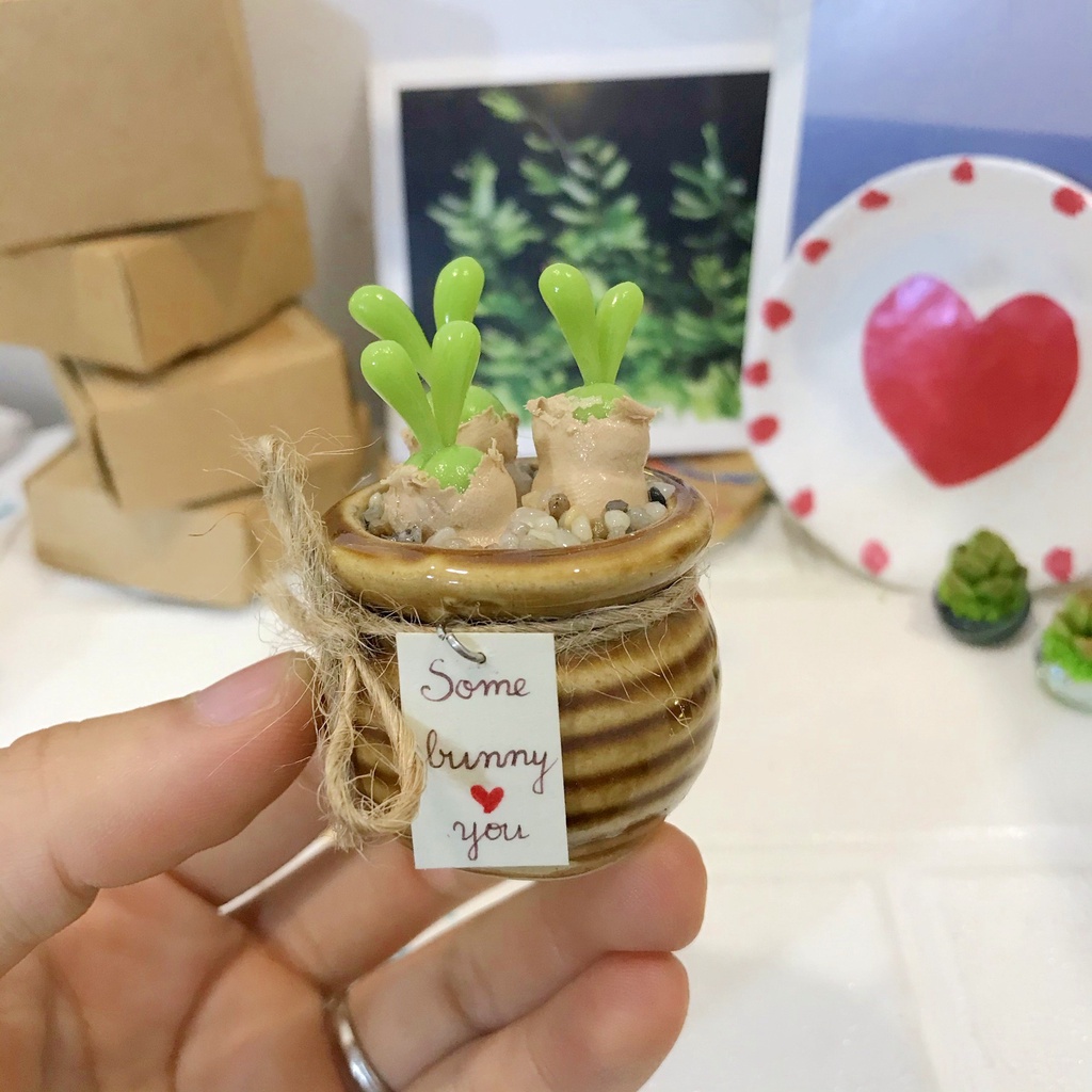 Chậu sen đá tai thỏ xanh lá cây, cây giả, sen đá đất sét handmade - thegardenofwind