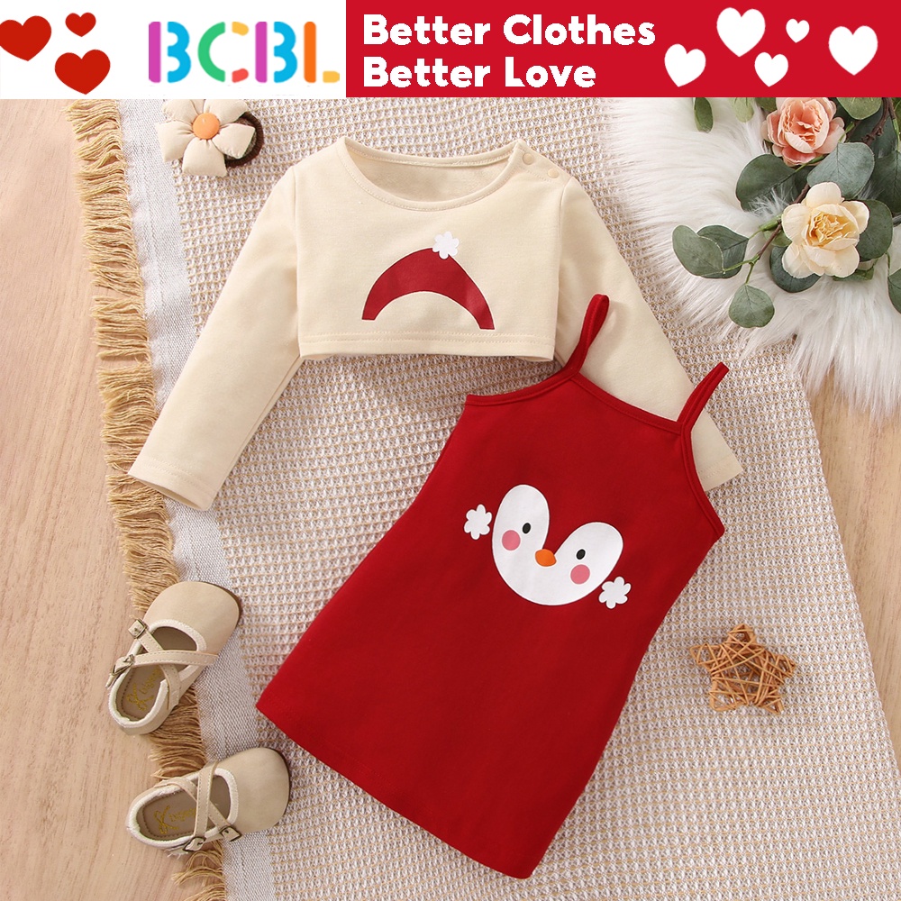 Bộ 2 món đầm hai dây in họa tiết chim cánh cụt và áo khoác tay dài BCBL thời trang cho bé gái 3-24 tháng tuổi