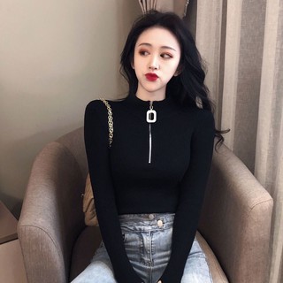 Áo sweater dệt kim cổ cao phối khóa kéo kiểu phương tây dễ phối đồ cho nữ