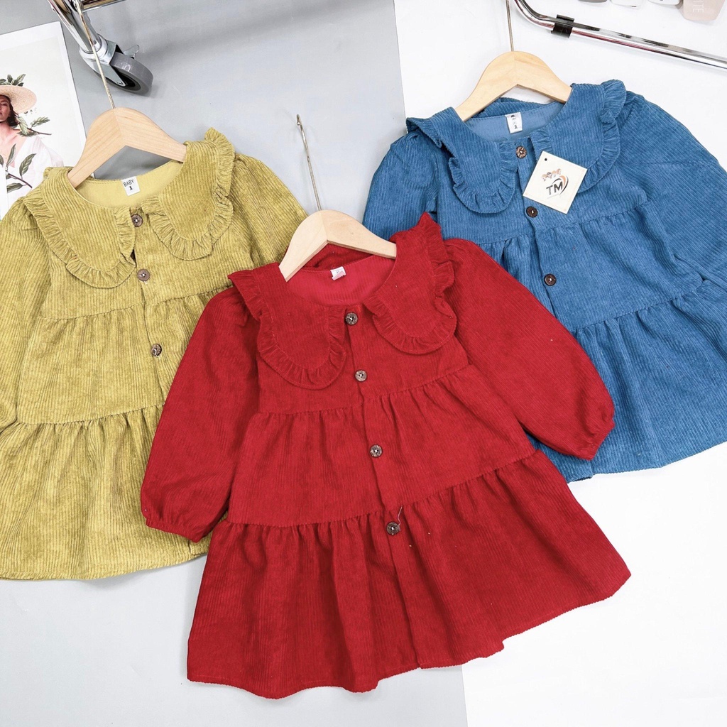 Váy Nhung Tăm Gân Dày Dặn Mềm Mại Thu Đông Dành Cho Bé Gái 10-18kg