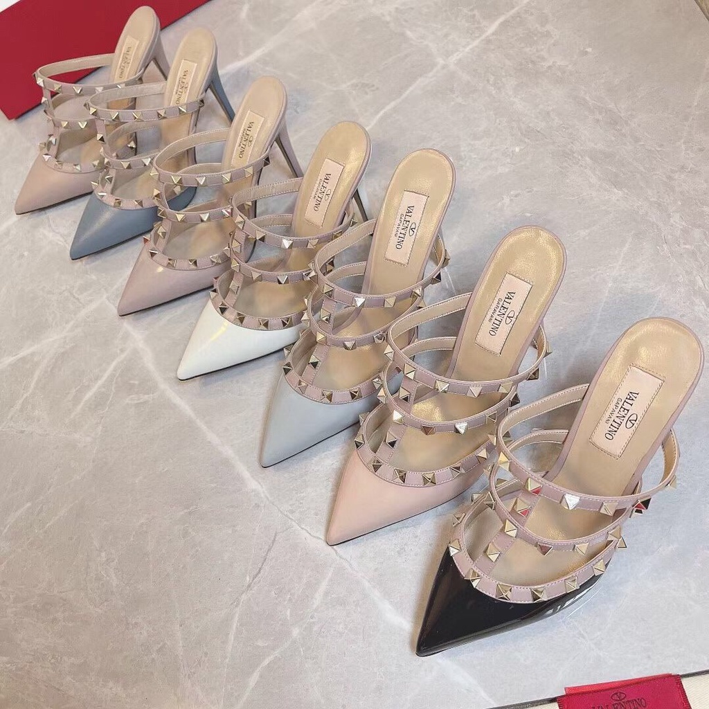 YW92 Valentino flat shoes toe slippers women's pointed rivet shallow-mouth patent leather elegant sandals