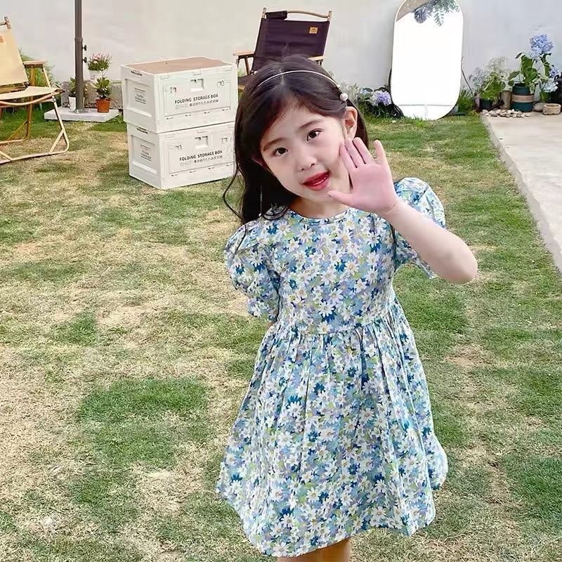 Babyfair. Đầm Bé Gái Cotton Tay Phồng Cổ Tròn In Hoa Mùa Hè Có Nơ Sau Cho Trẻ Em