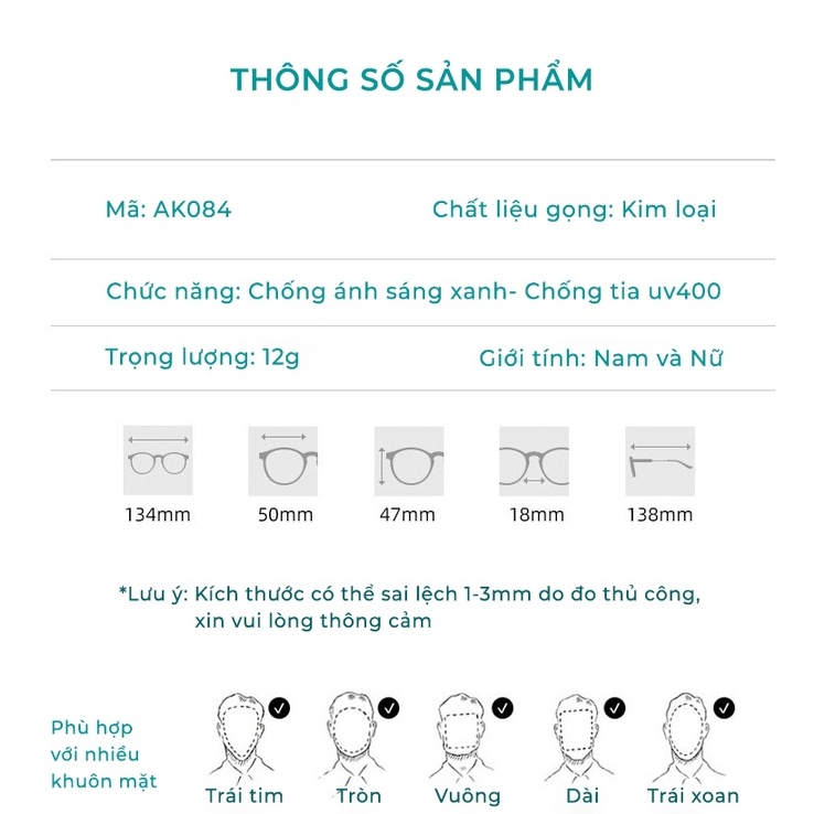 Gọng Kính Nam Nữ AORON Tròng Đổi Màu Chống Ánh Sáng Xanh Và Tia UV400 Phong Cách Hàn Quốc Phù Hợp Mặt Nhỏ Nam Nữ