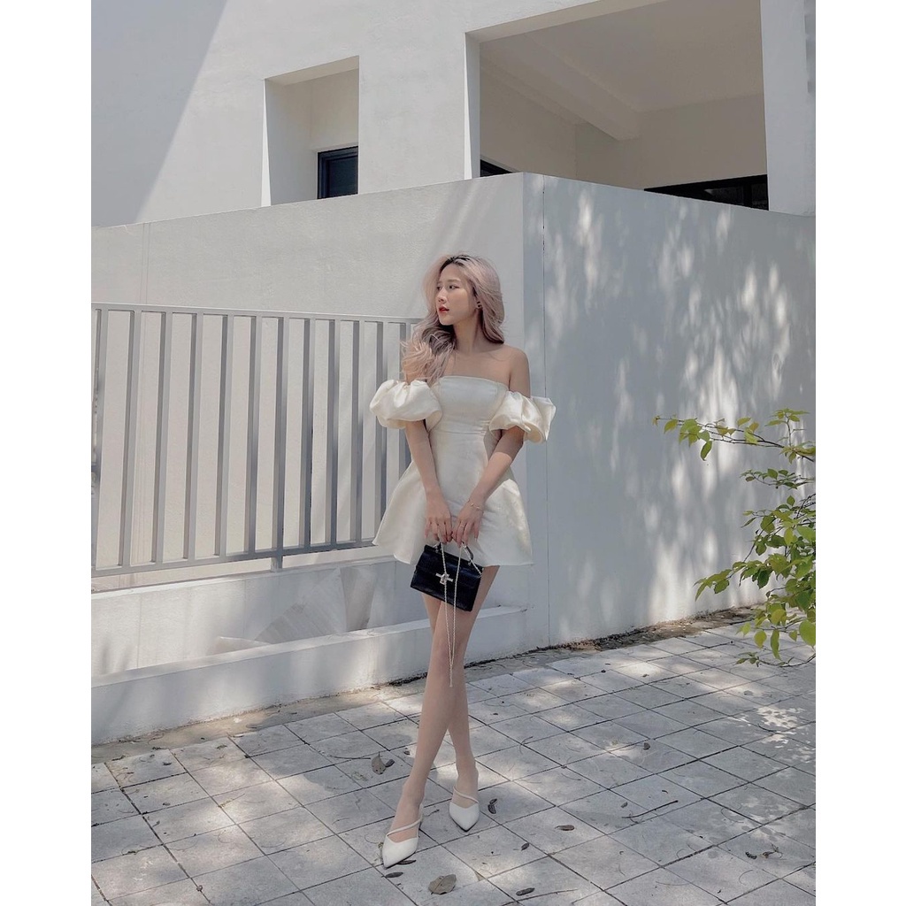 Váy Công Chúa Trễ Vai Tay Bồng - Đầm Gấm Hoa Nổi Tay Bồng Trễ Vai Tiểu Thư Sang Chảnh Dư Tiệc Sẵn Mút Ngực Na Bé Fashion