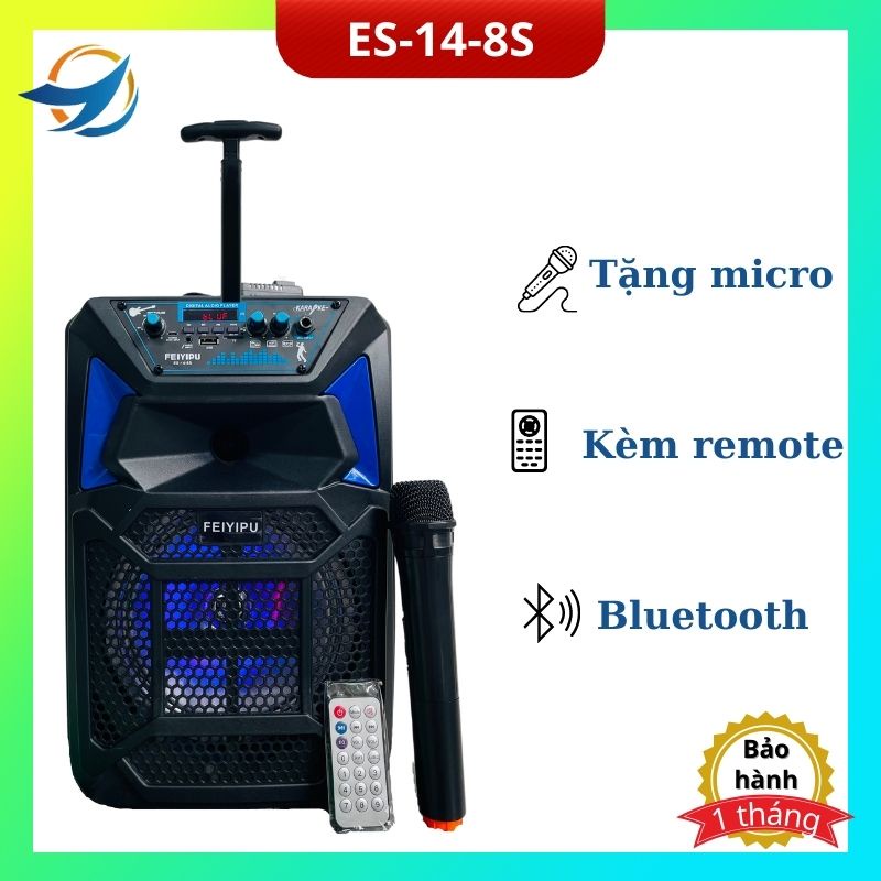 Loa kéo bluetooth karaoke FEIYIPU ES-14-8S tặng kèm micro không dây và điều khiển có đèn led âm thanh cực hay