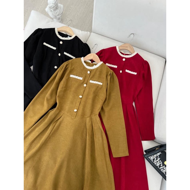 Váy Nhung Tăm Thiết Kế Minz Store Mã 3495, Dáng Xòe Cách Điệu Phối Ren Hàn Quốc