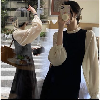 Váy đũi hàn dài cổ viền phối tay bo kiểu Vintage đẹp Freesize