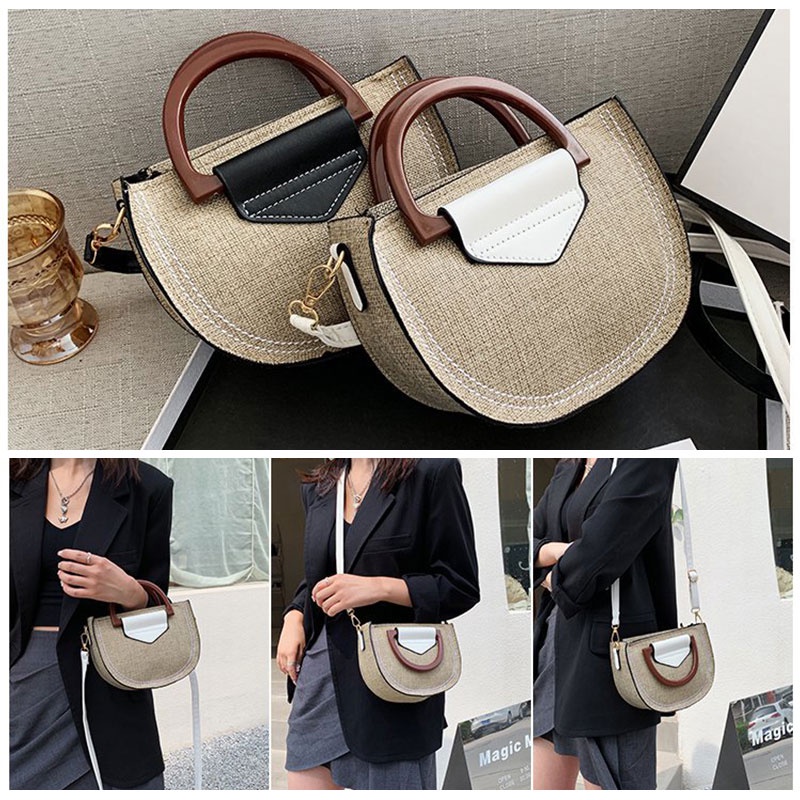 Mischa Túi cói Vải canvas Dệt Hình Vuông Phối Khóa Kéo Thời Trang retro