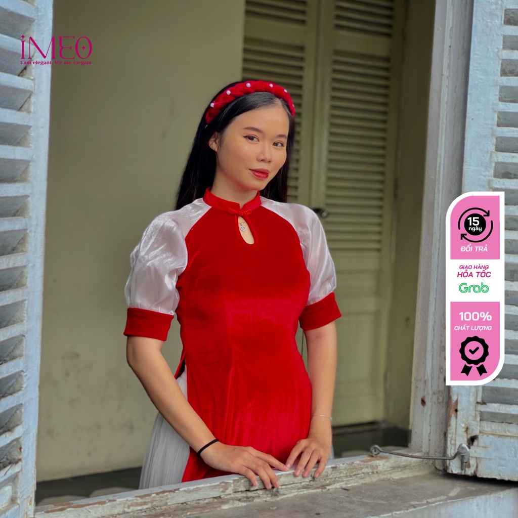 Áo dài cách tân, áo dài truyền thống cách tân chất nhung cao cấp màu đỏ tươi đỏ đô ao dai IMEO
