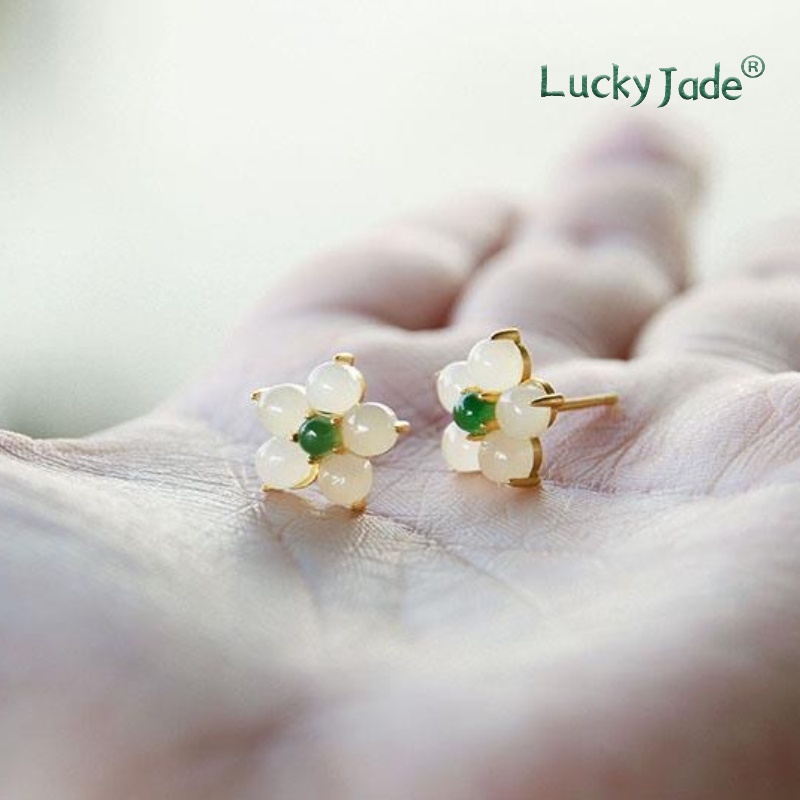 Bông Tai Mạ Bạc 925 Hình Hoa Đính Ngọc Bích Trắng Sang Trọng Cho Nữ