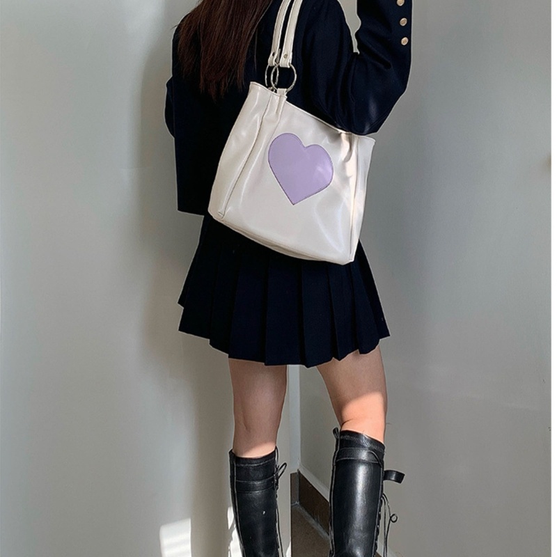 Túi Tote Đeo Vai / Xách Tay Bằng Da PU Sức Chứa Lớn Hình Trái Tim Dễ Thương Có Tay Cầm Thời Trang Thu Đông Cho Nữ