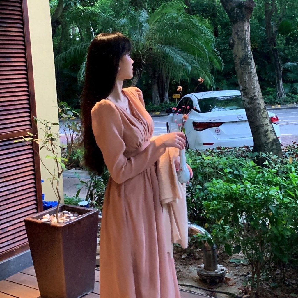 Đầm Tay Phồng Cổ Chữ v Chiết Eo Phong Cách Pháp Thanh Lịch Cao Cấp204259