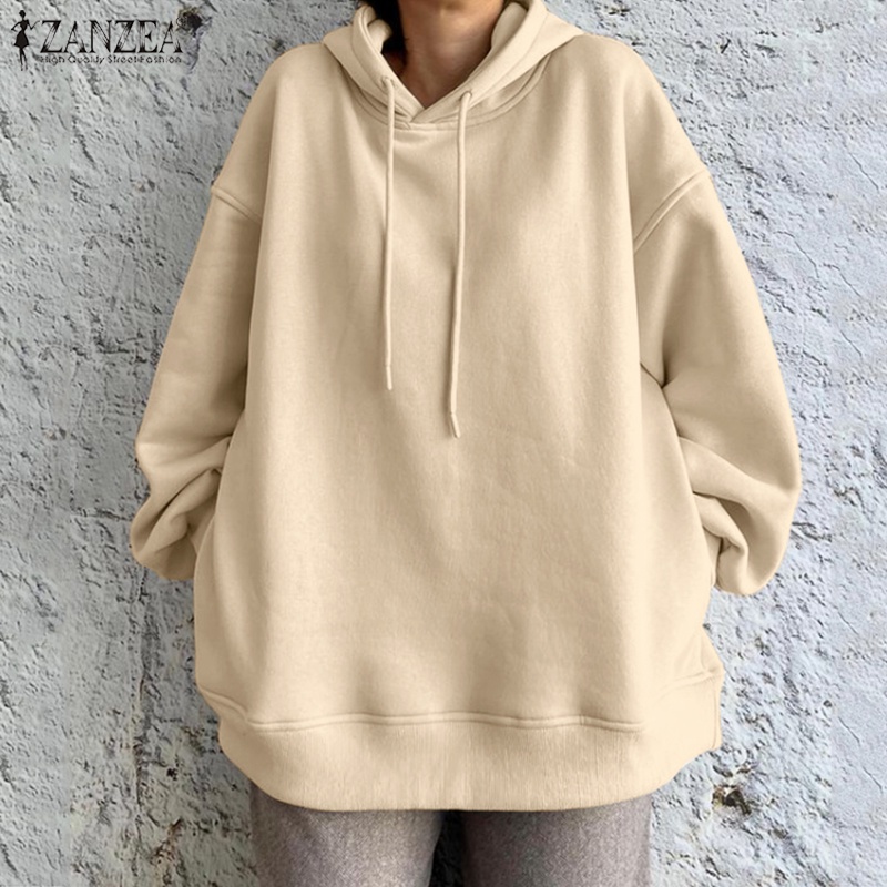 Áo hoodie ZANZEA dài tay màu trơn phong cách Hàn Quốc trẻ trung cho nữ