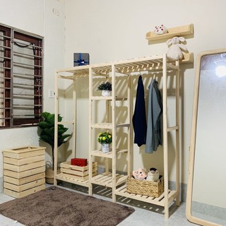 Tủ/Giá Treo Quần Áo 3 Khoang Đa Năng Gỗ Thông Nhập Khẩu - Nội Thất HT