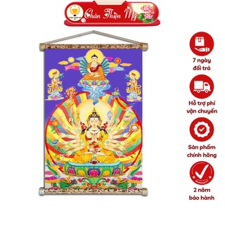 Tranh phật treo tường phật mẫu chuẩn đề chân thiện mỹ, chất liệu vải lụa kim sa khung gỗ 40x60cm cđp-30