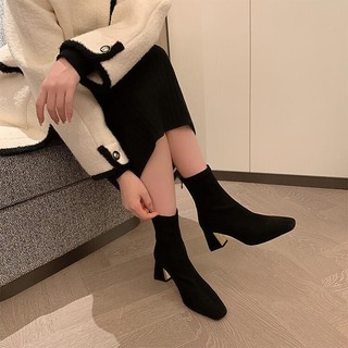 Giày boots nữ colee gót vuông phối ánh kim sang chảnh da mềm cao 7p