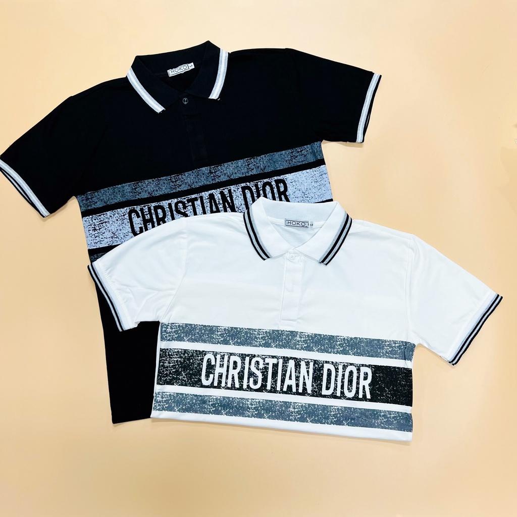 Áo thun nam nữ cổ trụ tay ngắn phối sọc kẻ ngang chữ DIO, bo viền tay cổ chất cotton thoáng mát thời trang hot mùa hè